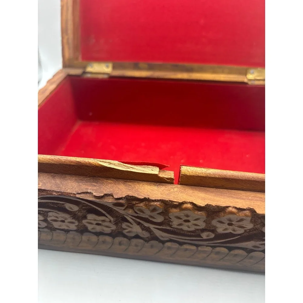 Hand Carved Floral Wooden Jewelry Box Red Velvet Lining Vintage Boho Keepsake